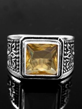 Men's 925 Sterling-Style Silver Ring with Square Yellow Gem size 8